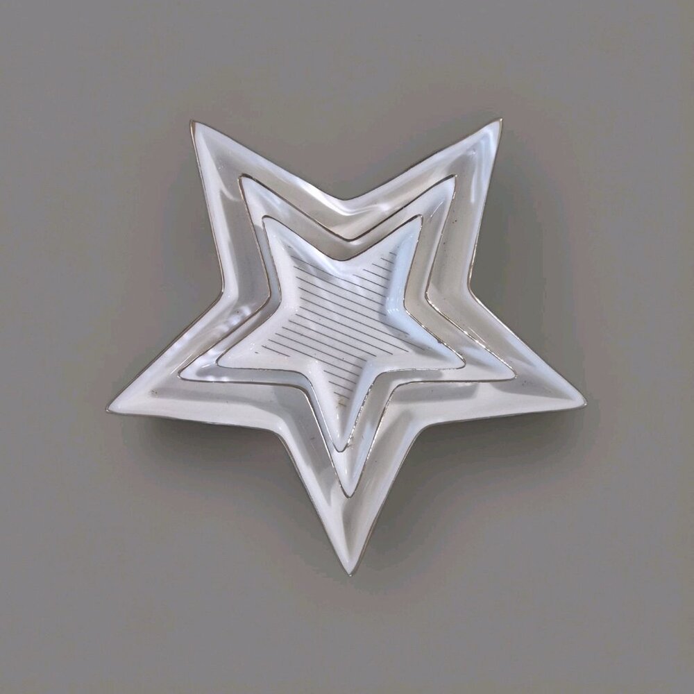 Set Of (3) Star Shaped White Stacked Trinket Dishes w/Gold Accent Design